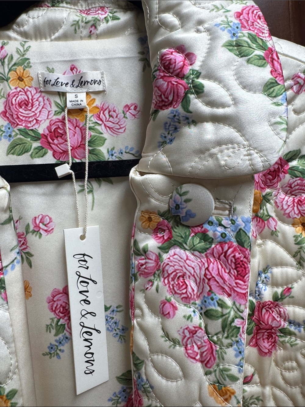 For Love & Lemons Cream Quilted Floral Trench Coat with Pink & Green Accents - Picture 6 of 7
